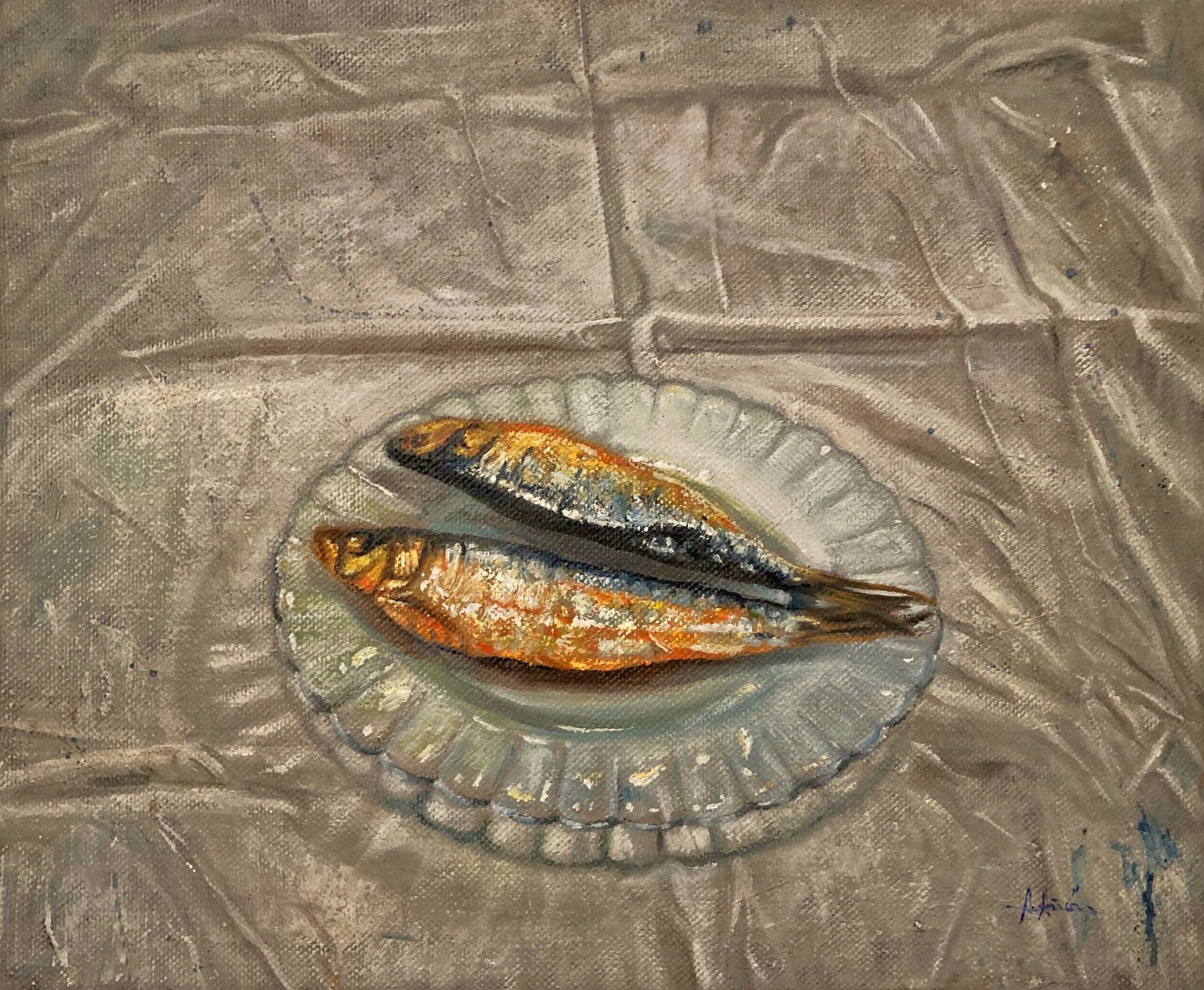 PLATO CON ARENQUES. Óleo sobre tela. 38x46