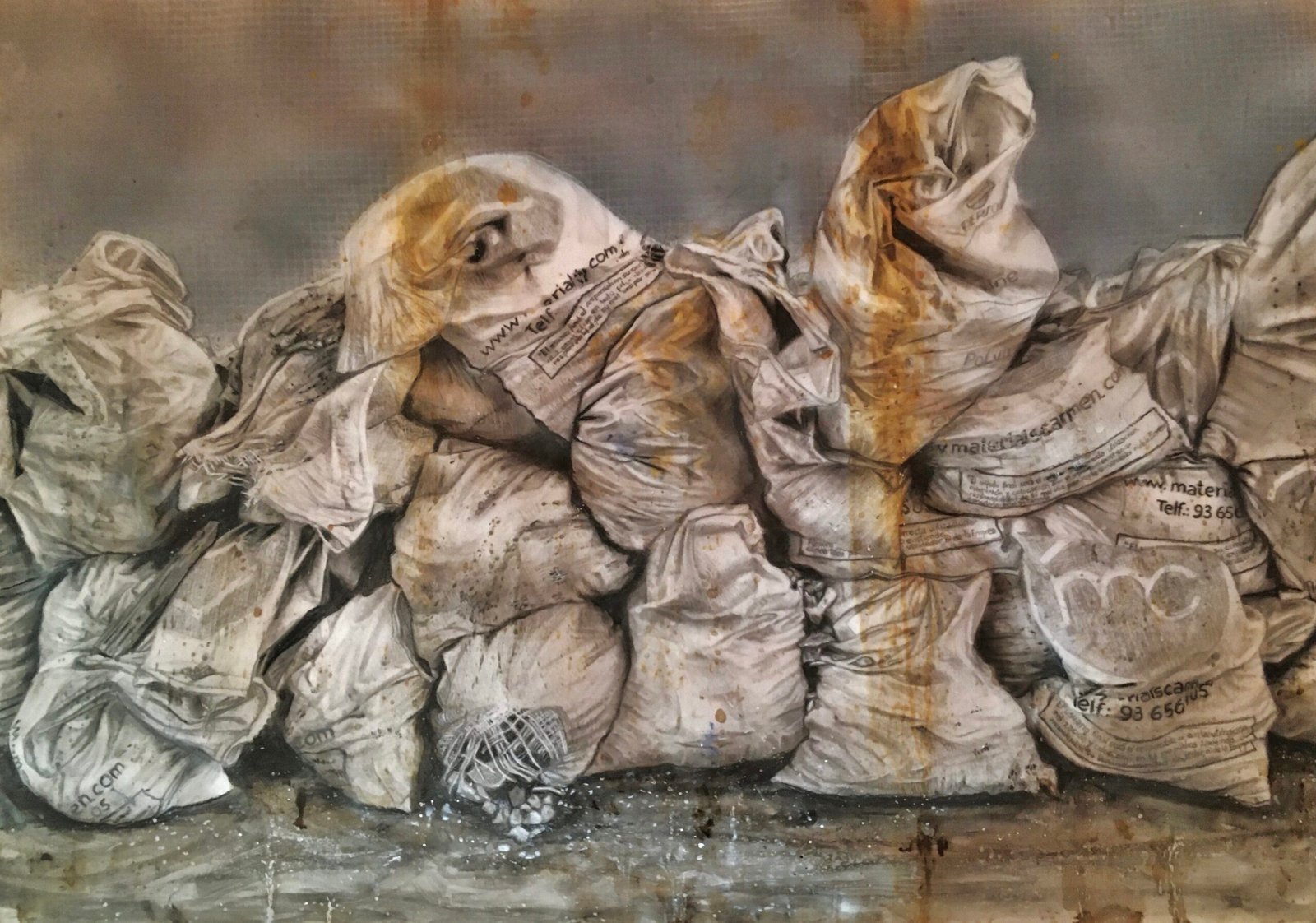 LA REALIDAD MENOSPRECIADA. Gráfito, charcoal, lápiz graso, tinta y acrílico sobre papel sulfurizado. 70x100